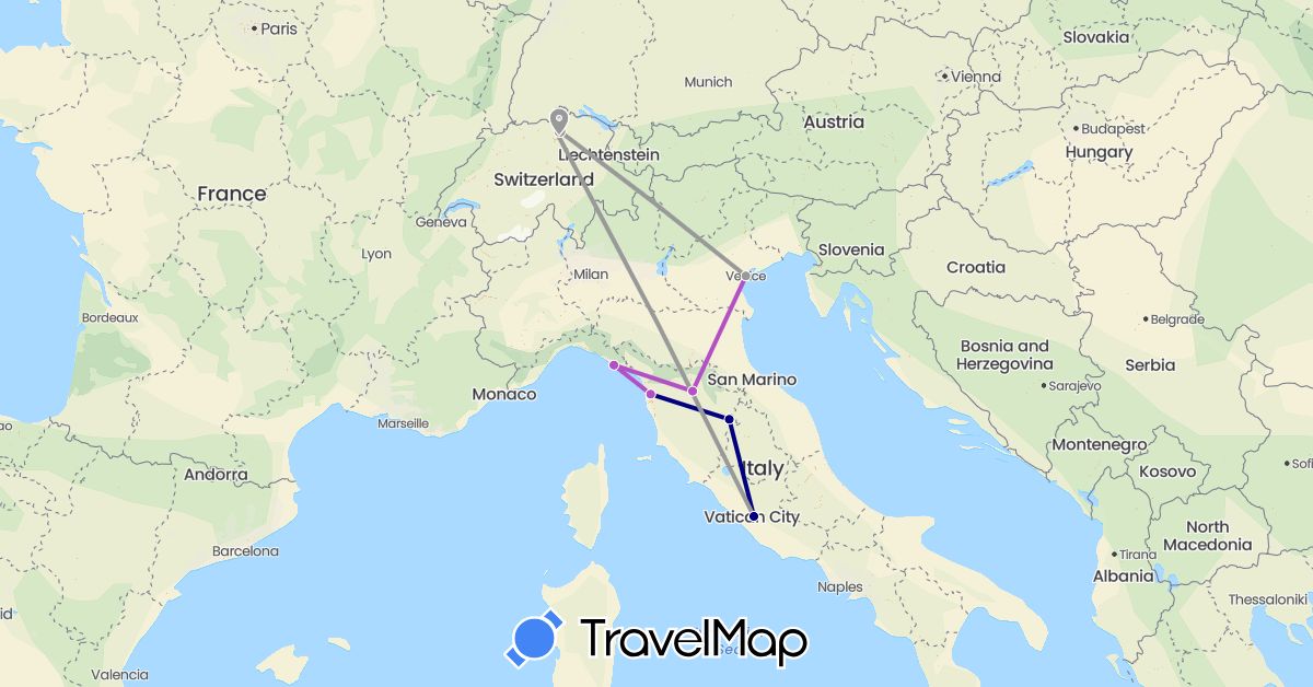 TravelMap itinerary: driving, plane, train in Switzerland, Italy (Europe)